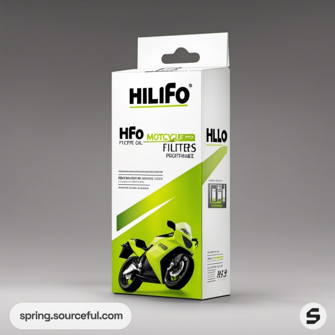 Tall rectangular box with a motorcycle graphic for oil filter.