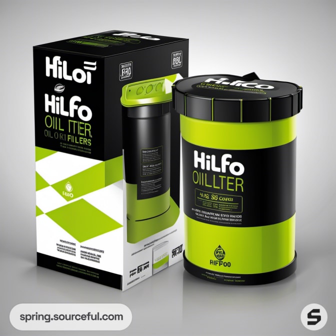 Cylinder oil filter packaging with green and black colors.
