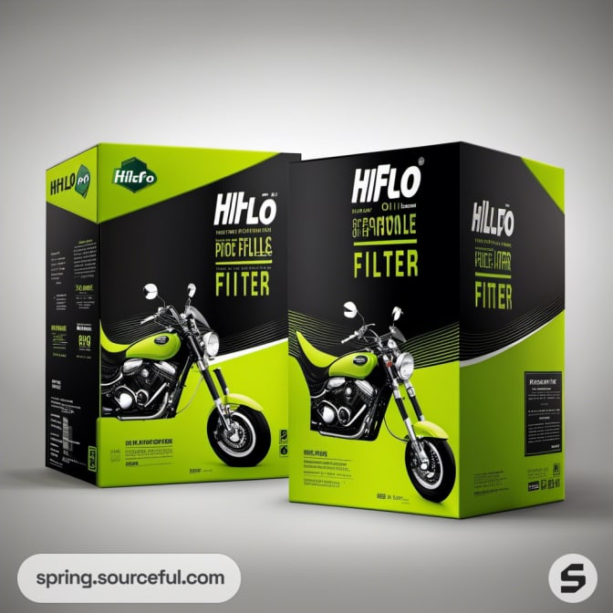 Motorcycle filter packaging with vibrant green accents.