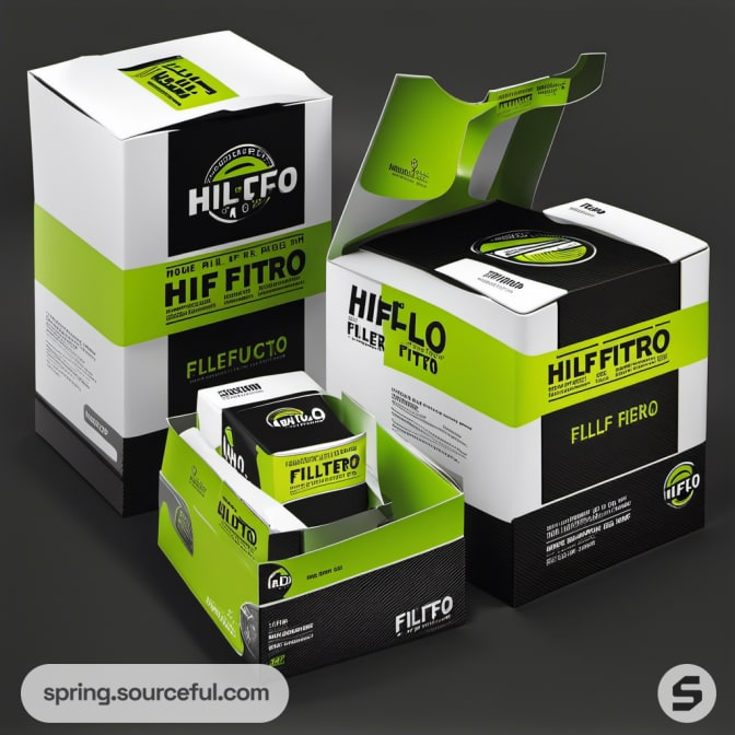Assorted white boxes with green elements for bike filters.