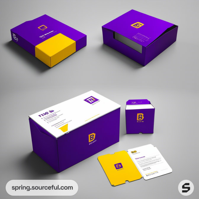 Mailer box with purple and yellow design on gray background.