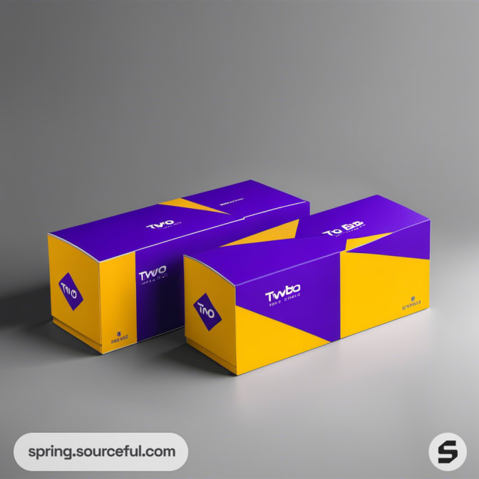 Two rectangular boxes in purple and yellow on a gray surface.