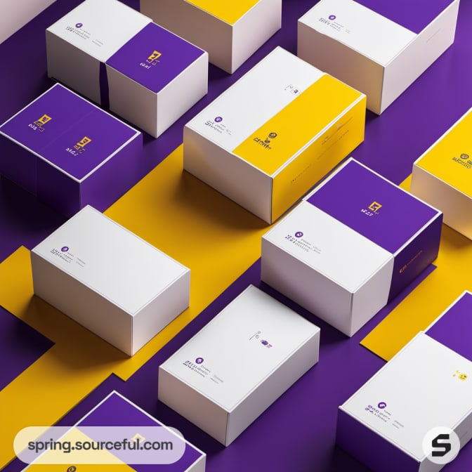 Boxes in white, purple, and yellow arranged on a purple surface.