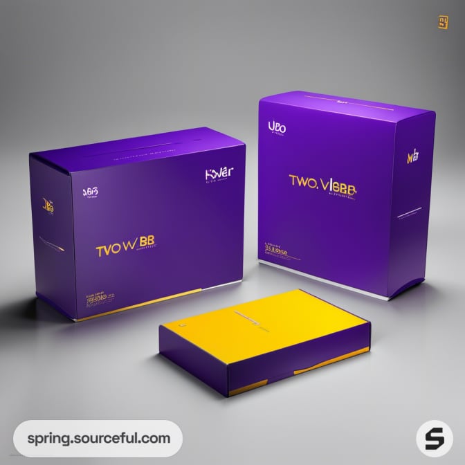 Three purple and yellow boxes of different sizes on gray surface.