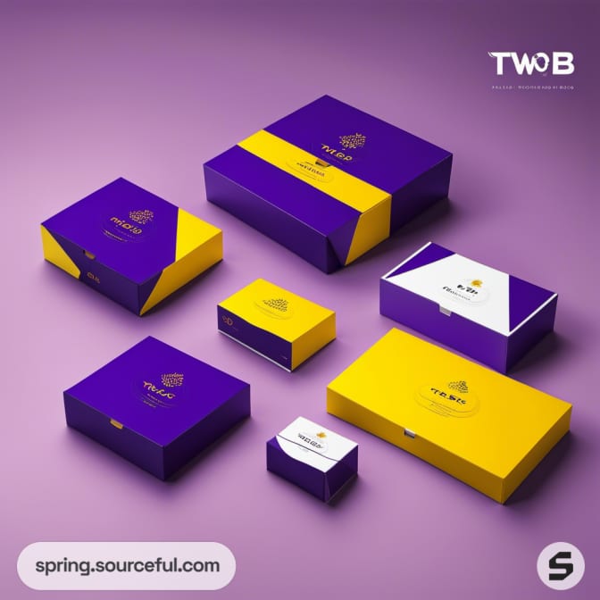 Purple and yellow boxes of varying sizes on a purple background.