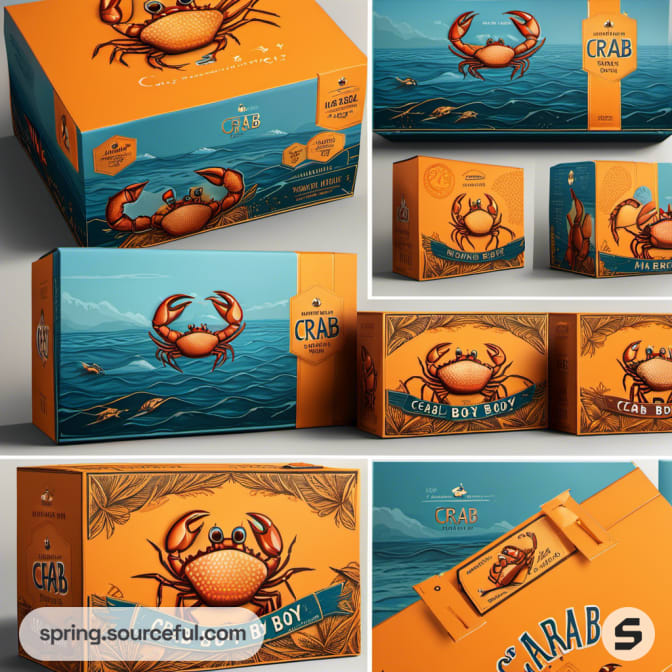 Orange and blue crab-themed packaging on a mailer box with oceanic design.