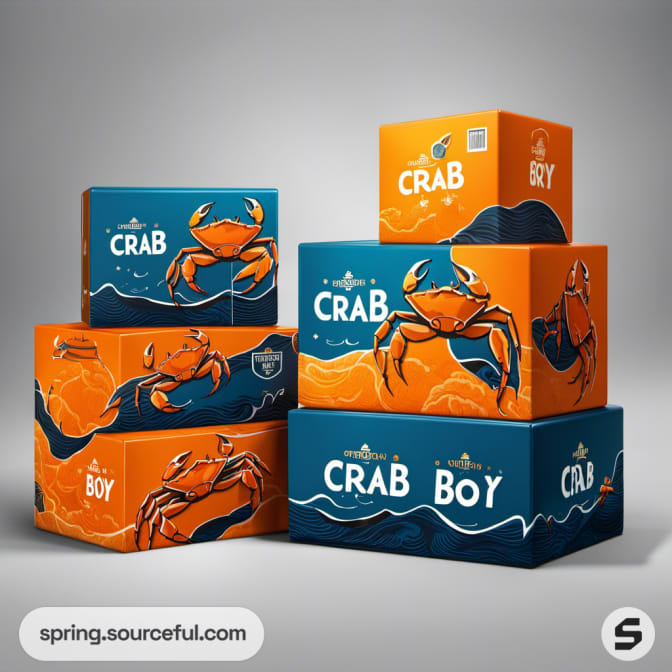 Stacked orange and blue packages featuring crab designs with wave patterns.