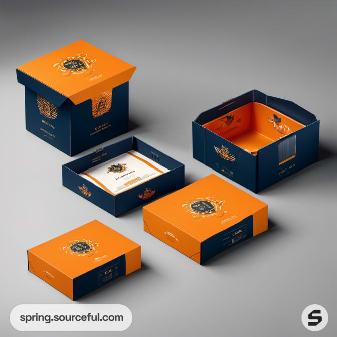 Navy and orange open mailer boxes with detailed crab illustrations.