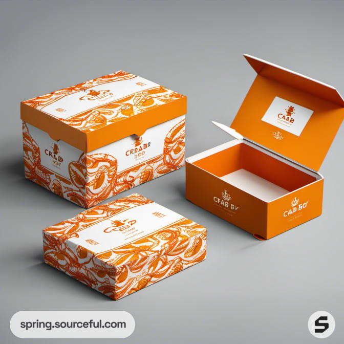 Orange and white pattern boxes with crabs and open lids on a gray background.