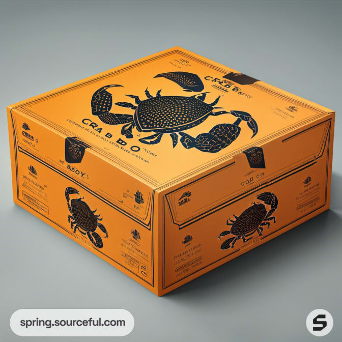 Large orange box with crab illustrations and textured design details.