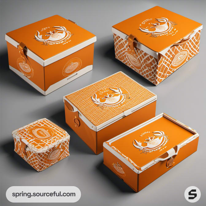 Collection of orange boxes with crab graphics and net patterns.