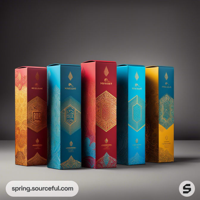 Colorful tall boxes with intricate geometric patterns in red, blue, and yellow, standing in a row.