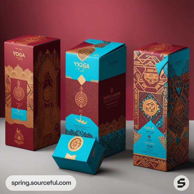 Red and teal geometric patterned tea boxes and sachet against a maroon background.