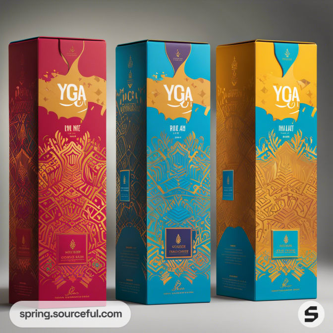 Three yoga mats in tall boxes with vibrant colors: red, blue, and yellow, featuring abstract patterns and text.