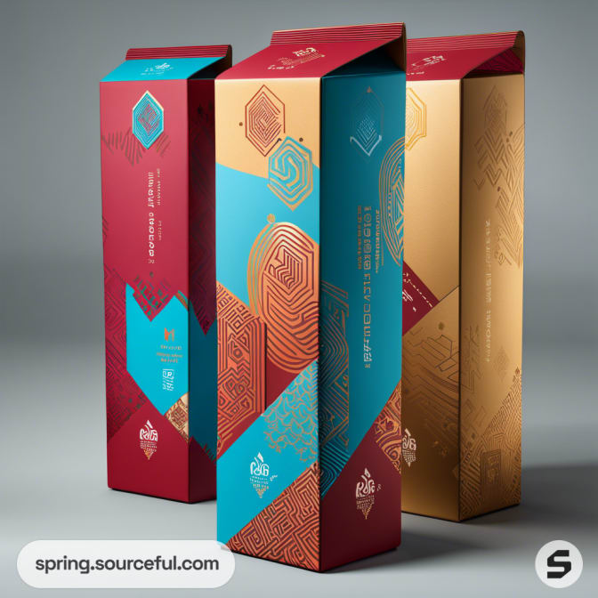 Tall boxes with geometric designs in red, teal, and gold.