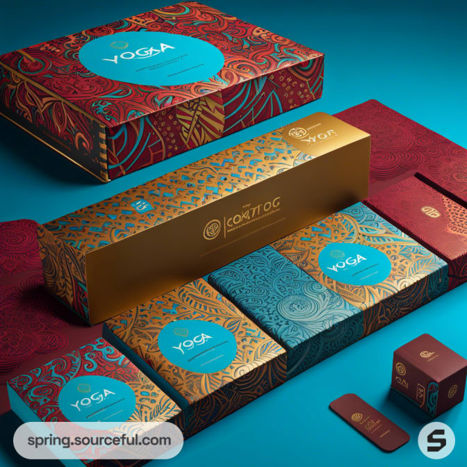 Elegant gift box set with intricate blue and red floral patterns on a teal background, featuring yoga-themed products.