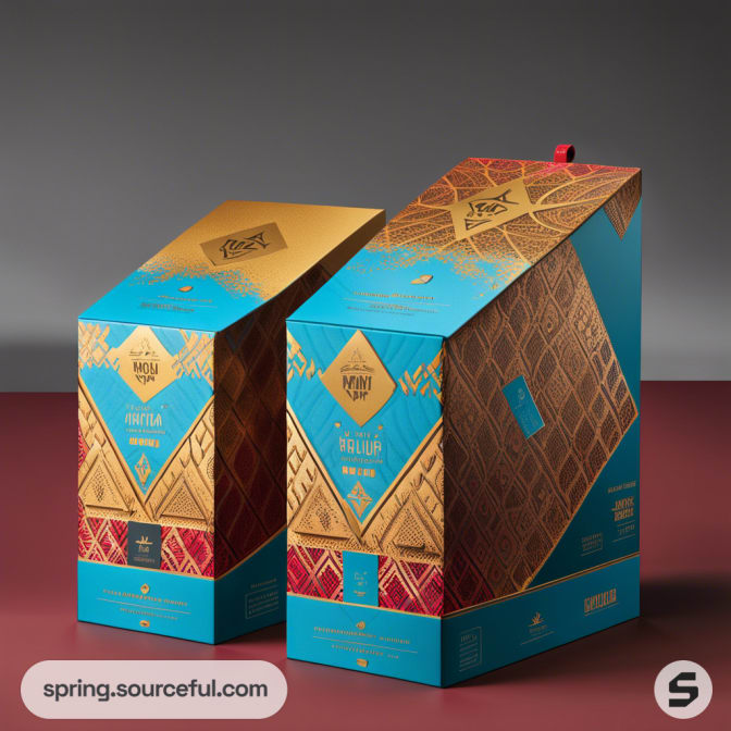 Two intricately designed teal and gold pyramid boxes on a red surface.