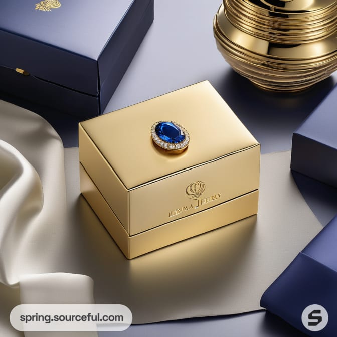 Gold jewelry box with sapphire ring on draped fabric and metallic vase backdrop.