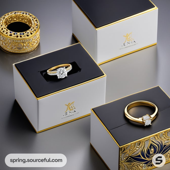 Gold and black jewelry boxes with gold ring, intricate gold ornament nearby.