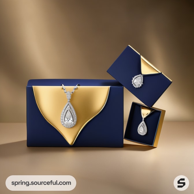 Gold and navy blue jewelry boxes with diamond pendant on gold-trimmed design.