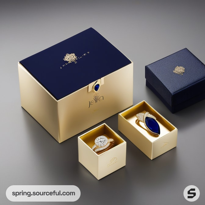 Gold and blue jewelry boxes featuring a sapphire ring and gold ring inside.