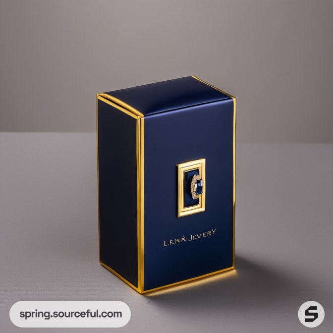 Navy blue and gold rectangular jewelry box with a gold trim and clasp.