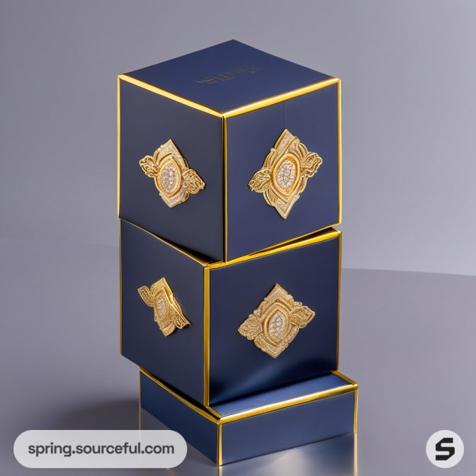 Stacked navy and gold jewelry boxes with embossed gold designs.