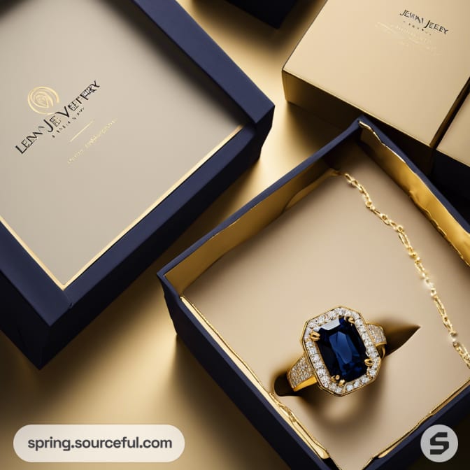 Navy blue and gold jewelry box open with sapphire and diamond ring, gold necklace.
