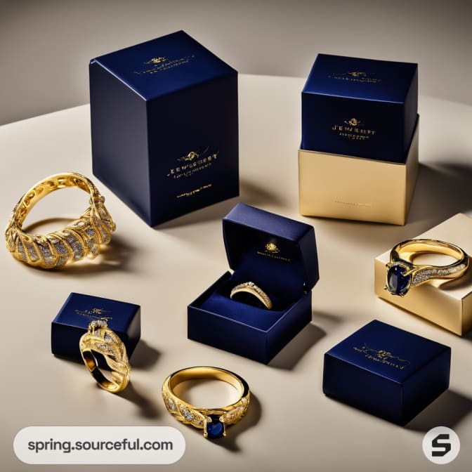 Assorted navy and gold jewelry boxes with a variety of gold rings with sapphires.