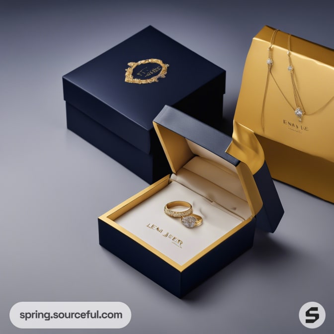 Navy box open with rings inside and a gold necklace on a dark table.