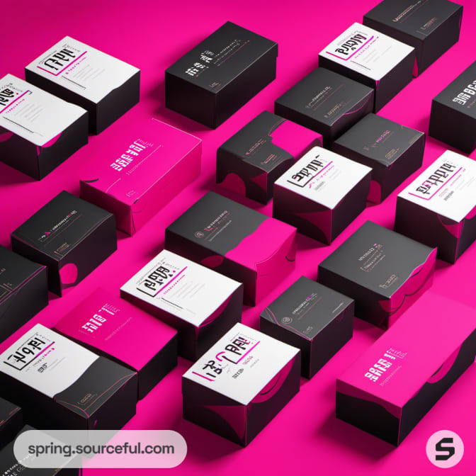 Assorted pink and black boxes on a vibrant pink background.