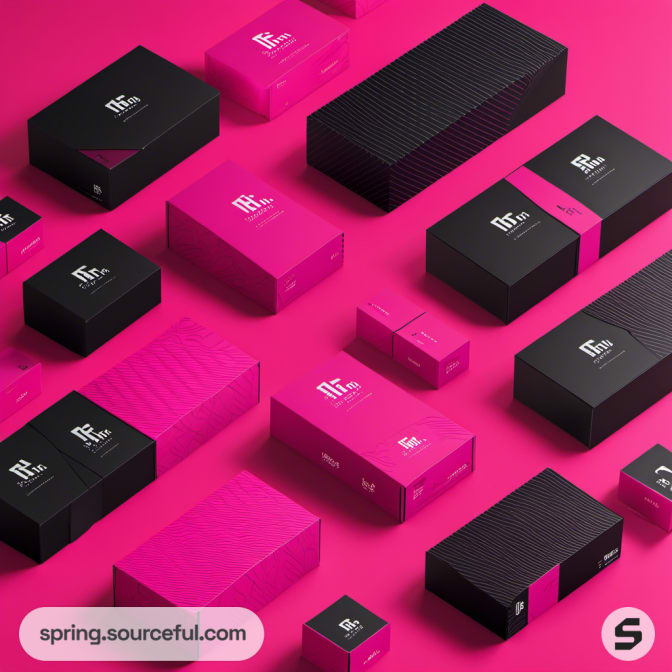 Pink and black boxes on a pink backdrop, various sizes.