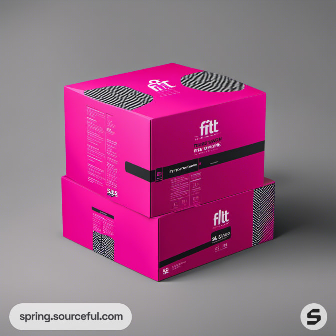 Stacked pink boxes with design elements on a gray background.