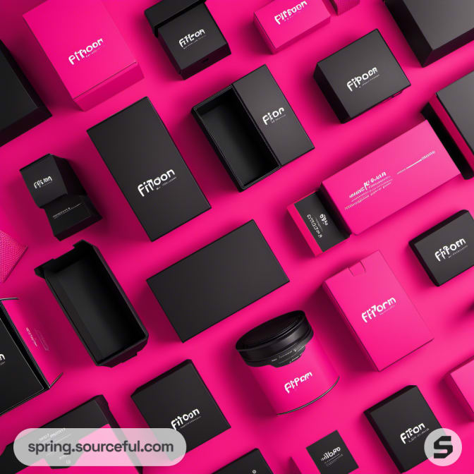 Open black and pink boxes on a vivid pink backdrop.