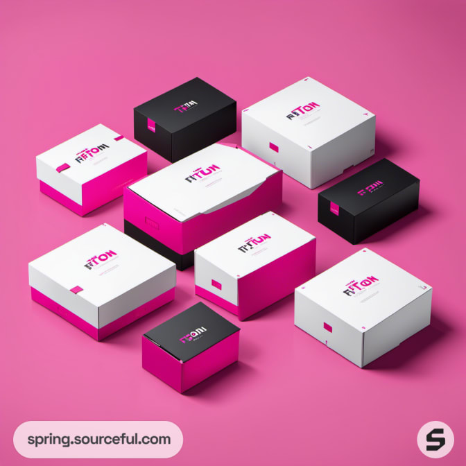 Various white, pink, and black boxes on a soft pink background.