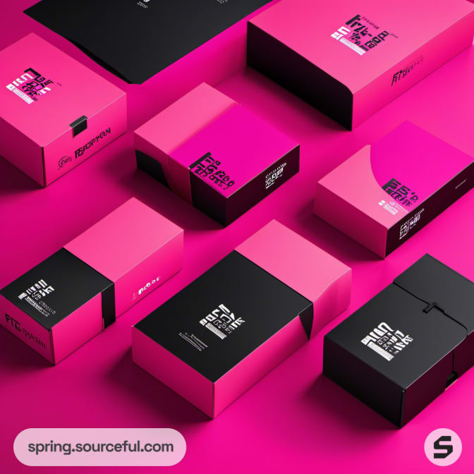 Pink and black boxes with bold design on a pink surface.