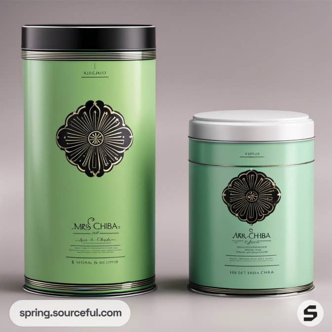 Tall and short green tins with floral emblem.