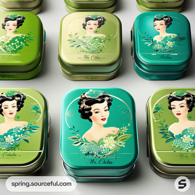 Square tins with vintage lady illustrations in green.