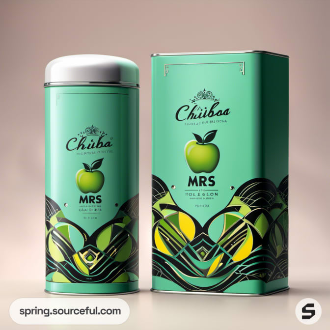 Cylindrical and rectangular tins with apple design.