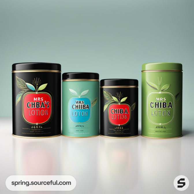 Four tall tins with vibrant colors and fruit illustrations.