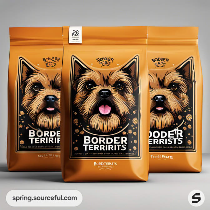 Golden pet food bags with terrier illustration and ornate design.