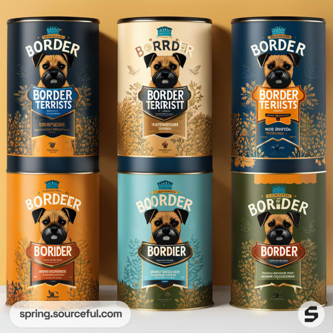 Pet food cans in various colors with terrier illustrations.