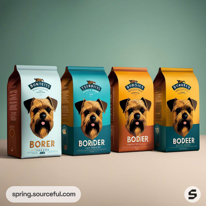 Four pet food bags with terrier design and varying colors.