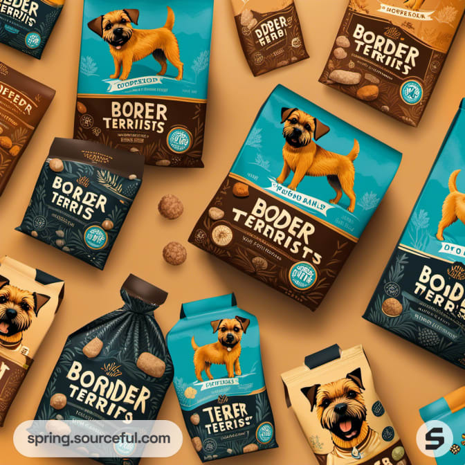 Assorted pet food packs with terrier images on tan background.