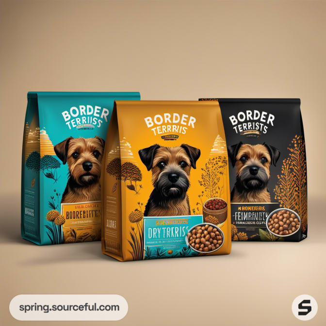 Three colorful pet food bags with terrier imagery and bowls.