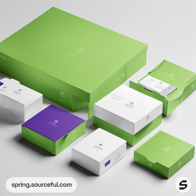 Green and white mailer boxes in various sizes on white background.