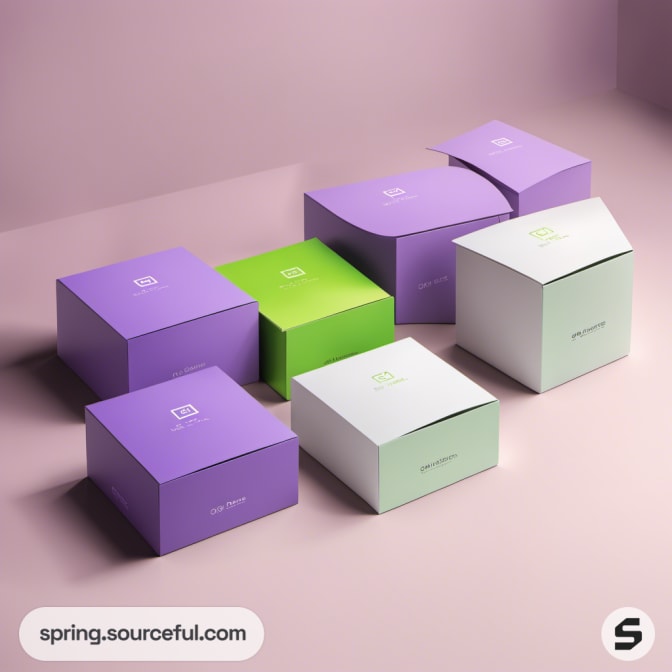 Purple and green gift boxes in a variety of sizes.