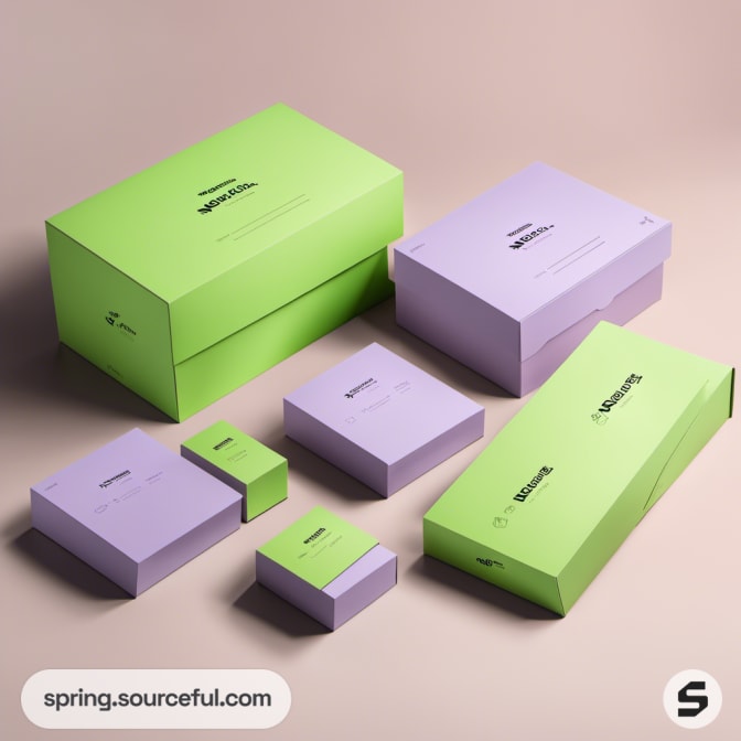 Green and lilac mailer boxes arranged on a beige background.