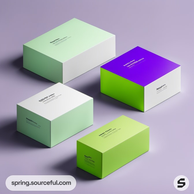 Mint green and purple boxes with minimal design on purple background.
