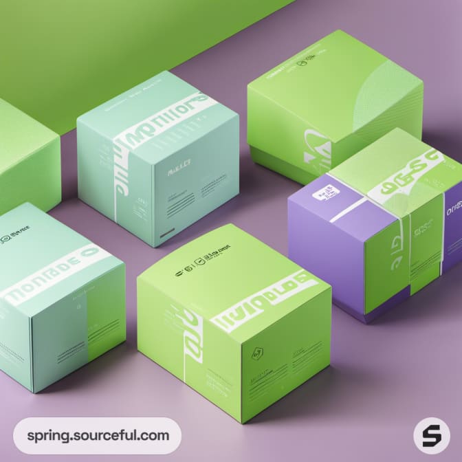 Green and purple boxes with diagonal text bands on purple surface.